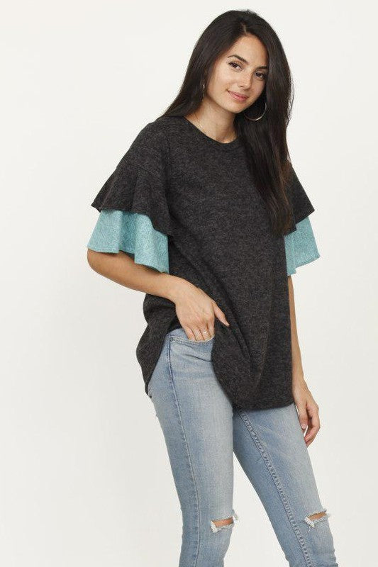 Color Block Sleeve Ruffle Knit Top