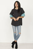 Color Block Sleeve Ruffle Knit Top