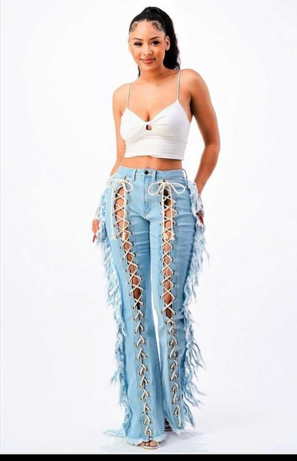 Front Lace Side Tassel Flare Jeans